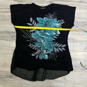 Black Graphic Asymmetrical T-Shirt with Cap Sleeves